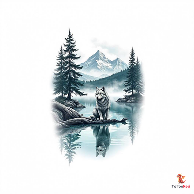 Photorealistic older wolf reflecting in a serene lake surrounded by trees and mountains.