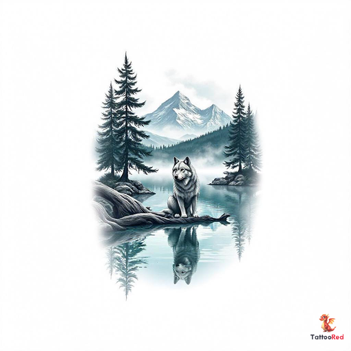photorealistic older wolf reflecting in a serene lake surrounded by nature, with trees and mountains