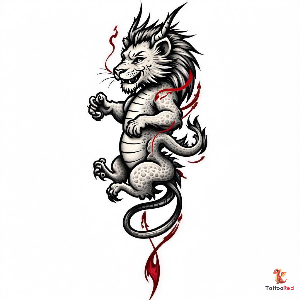 Vintage tattoo design featuring a dragon body and lion head.