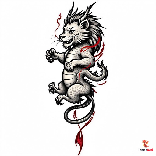 vintage dragon body with lion head, old school illustration with bold black outlines, classic Sailor