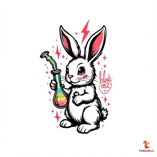 Vintage style tattoo of a rabbit holding a colorful bong with blink-182 logo.