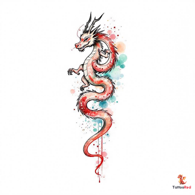 Watercolor anthro dragon tattoo with vibrant colors and fluid brushstrokes.