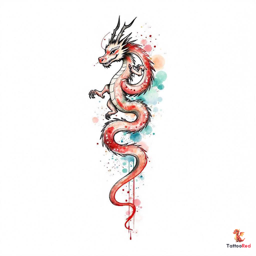 Watercolor anthro dragon tattoo with vibrant colors and fluid brushstrokes.