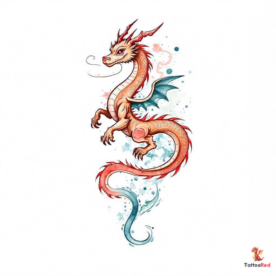 Vibrant watercolor anthro dragon tattoo with fluid brushstrokes.