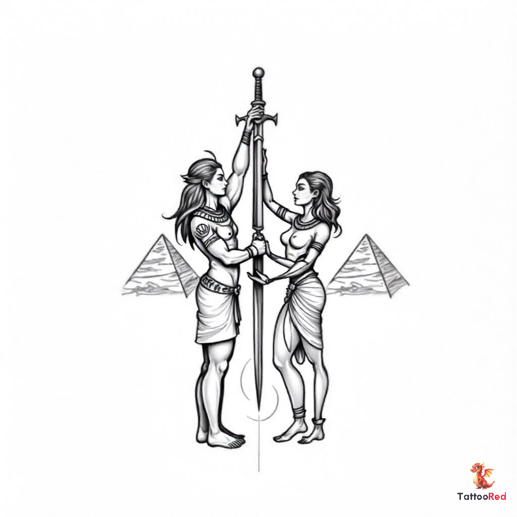 Black and grey tattoo of Egyptian god Seth with sword and goddess Toth, detailed pyramids in background.