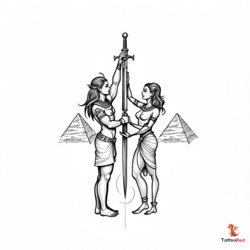 black and grey tattoo depicting the Egyptian god Seth holding a sword, with the goddess Toth grippin