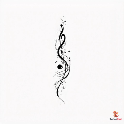 Large minimalist music note tattoo with fluid lines and stars.