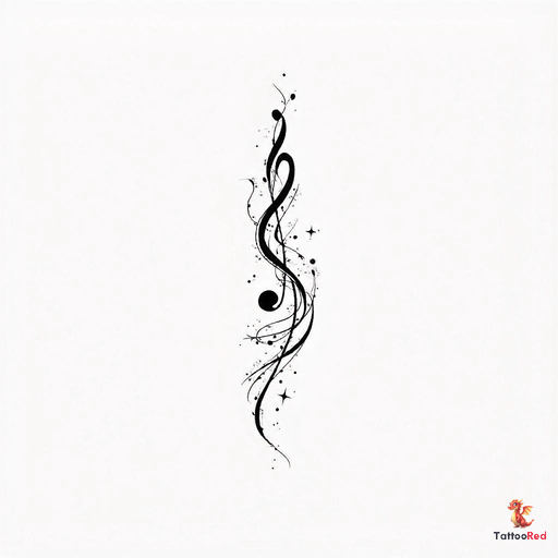 Large minimalist music note tattoo with fluid lines and stars.