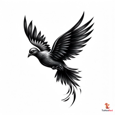 Photorealistic dove tattoo with black paint and glossy feathers.