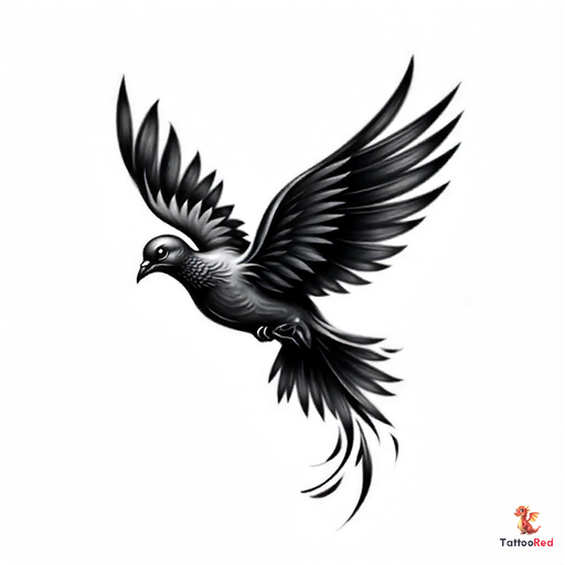 Photorealistic dove tattoo with black paint and glossy feathers.