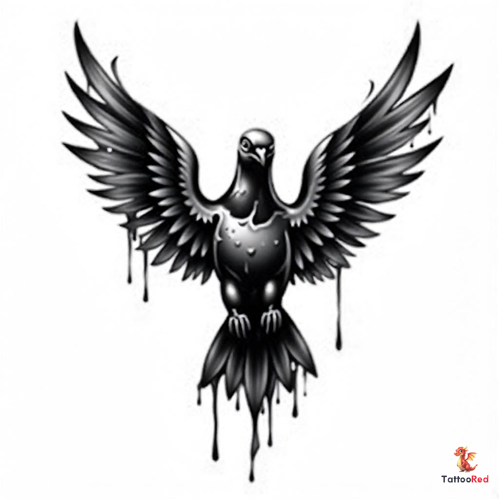 Photorealistic dove tattoo covered in black paint with detailed feathers and dripping paint.