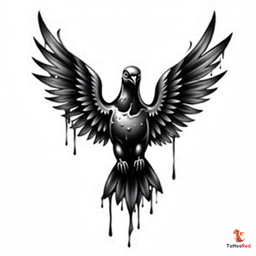 photorealistic dove covered in black paint, highly detailed feathers with glossy finish, dramatic co