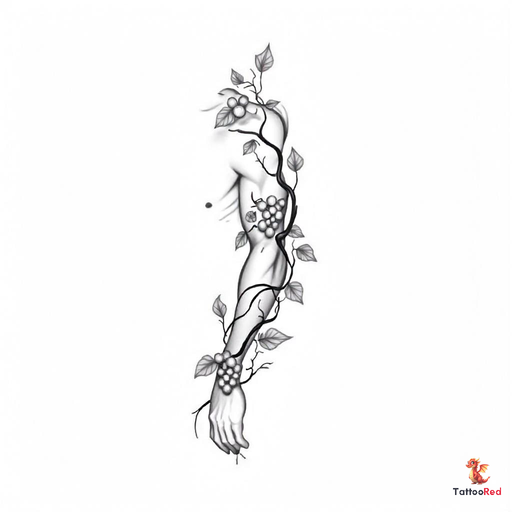 Realistic grapevine tattoo wrapping around the arm with detailed leaves and clusters of grapes.