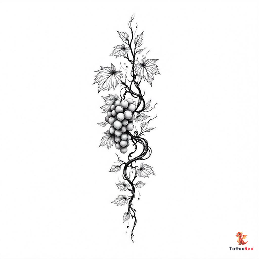 Realistic tattoo of a grapevine branch with leaves and grapes in black and white.