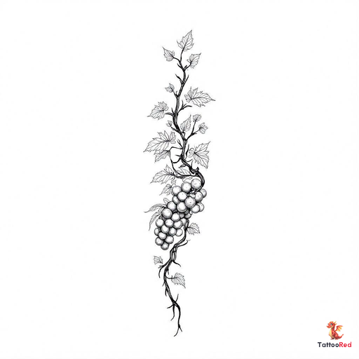 Realistic tattoo of a grapevine branch with leaves and grapes wrapping around an arm.