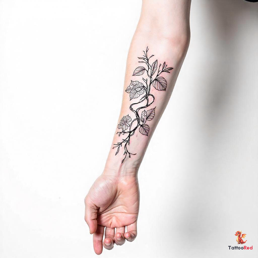 Grapevine branch tattoo wrapping around forearm in neo-traditional style.