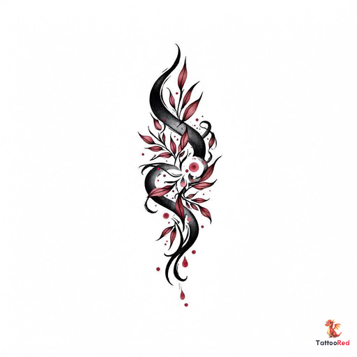 Elegant floral tattoo design featuring swirling black lines and red leaves.
