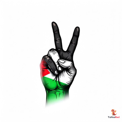 Tattoo design of a hand making a victory sign with Palestine flag colors.