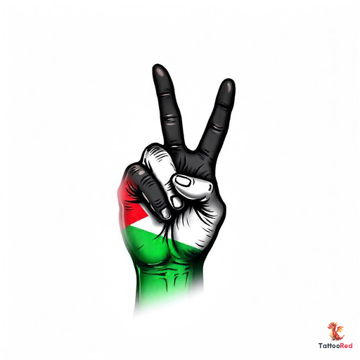 Tattoo design of a hand making a victory sign with Palestine flag colors.