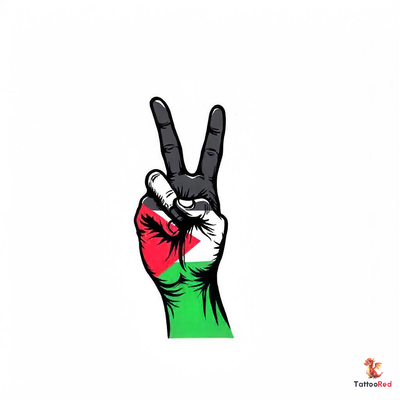 Tattoo design featuring Palestine map, flag, and victory sign.