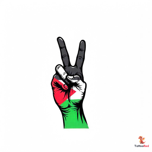 Tattoo design featuring Palestine map, flag, and victory sign.