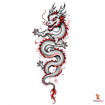 Photorealistic Chinese dragon tattoo with intricate details and vibrant scales.