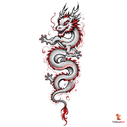 Photorealistic Chinese dragon tattoo with intricate details and vibrant scales.