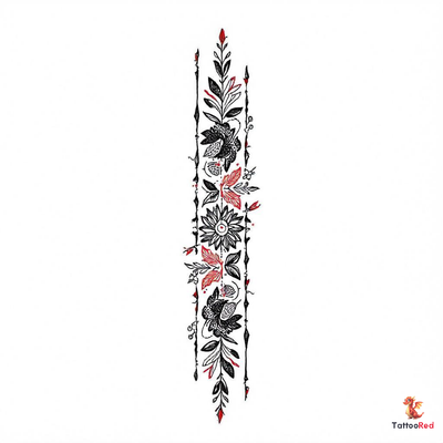 Traditional Palestinian embroidery tattoo design featuring floral patterns in black and red.