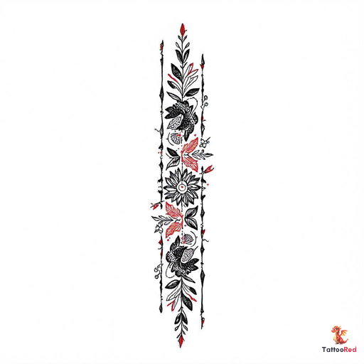 Traditional Palestinian embroidery tattoo design featuring floral patterns in black and red.