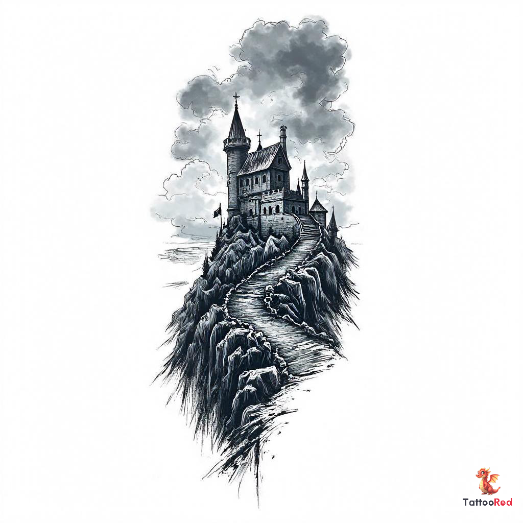 Tattoo design of Helm's Deep fortress silhouetted against a stormy sky.