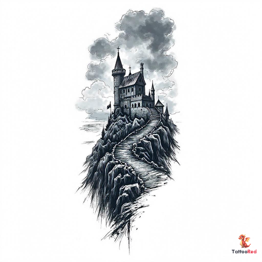 silhouetted Helm's Deep fortress against a stormy sky, sketched style with intricate details and dra