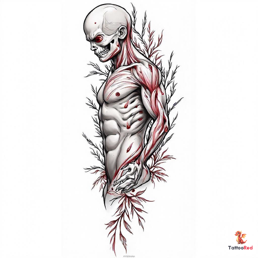 Realistic tattoo of a skeletal figure with red accents and natural elements.
