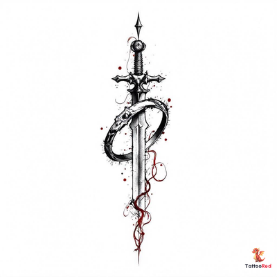 Epic Lord of the Rings tattoo design featuring a sword and ring