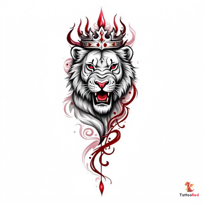 Traditional lion tattoo design with a crown, symbolizing strength and power.