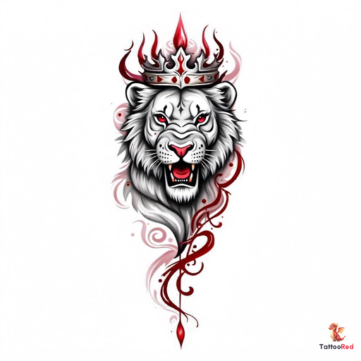 Traditional lion tattoo design with a crown, symbolizing strength and power.