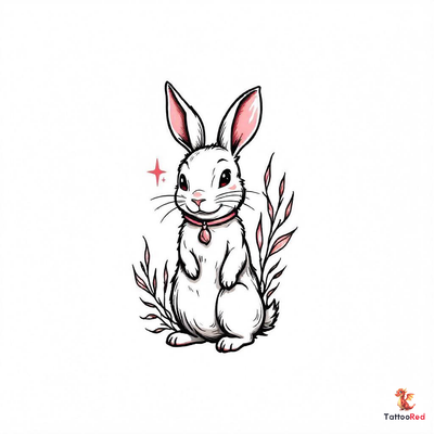 A charming neo-traditional tattoo design of a wise rabbit surrounded by plants.