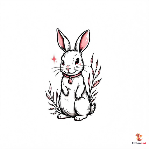 A charming neo-traditional tattoo design of a wise rabbit surrounded by plants.