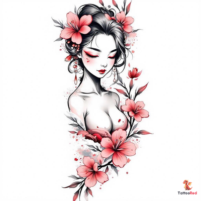 Sensual geisha tattoo surrounded by vibrant watercolor flowers.