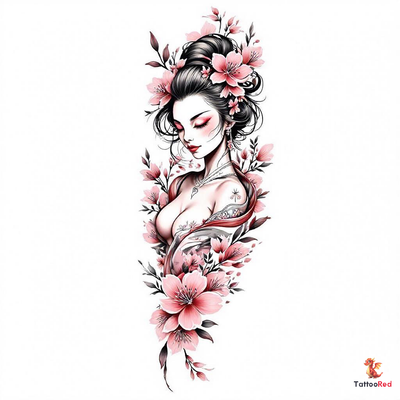 Sensual geisha tattoo surrounded by vibrant watercolor flowers with intricate details.