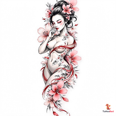 Sensual geisha tattoo with vibrant watercolor flowers in bold pose.