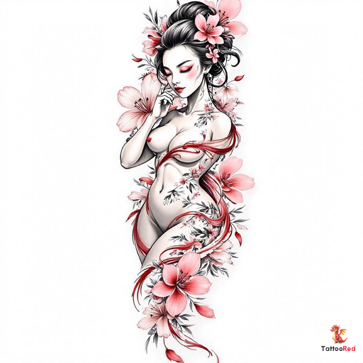 Sensual geisha tattoo with vibrant watercolor flowers in bold pose.