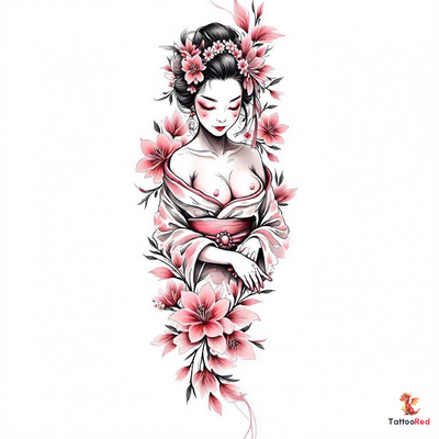 Full-body sensual geisha tattoo with watercolor flowers and open kimono.