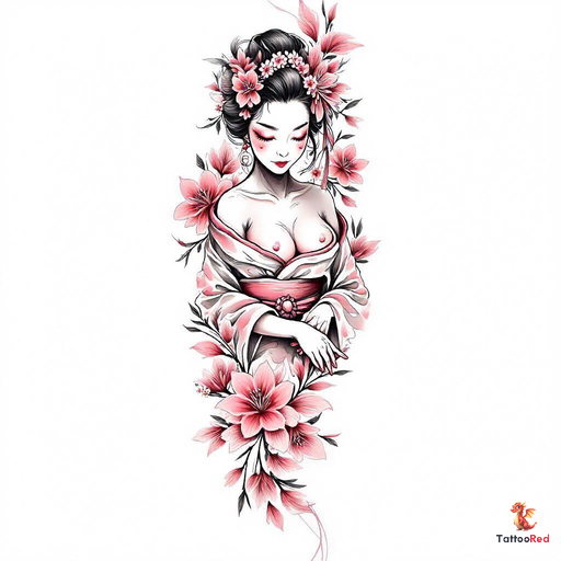 Full-body sensual geisha tattoo with watercolor flowers and open kimono.