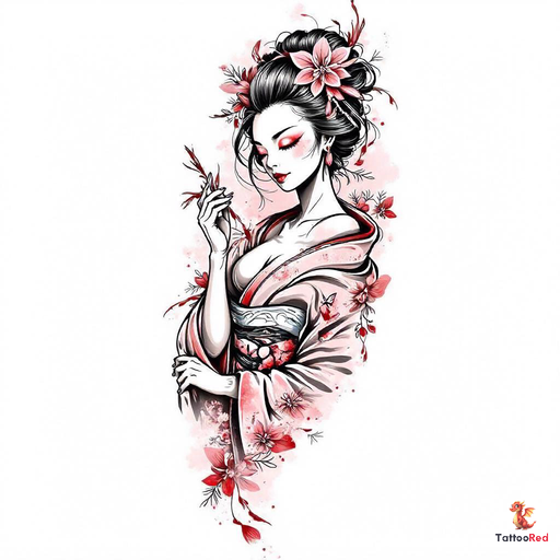 Realistic tattoo of a sensual geisha in an open kimono surrounded by cherry blossoms.