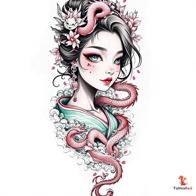 Realistic tattoo of a geisha with blue eyes and dragon heads in the background