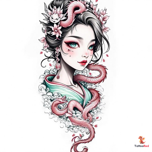 Realistic tattoo of a geisha with blue eyes and dragon heads in the background