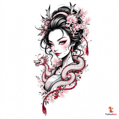 Realistic tattoo of a geisha with blue eyes and dragon heads in the background.