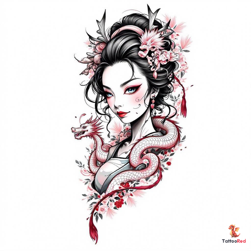 Realistic tattoo of a geisha with blue eyes and dragon heads in the background.