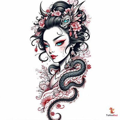 Stunning tattoo of a geisha with blue eyes and black dragons.