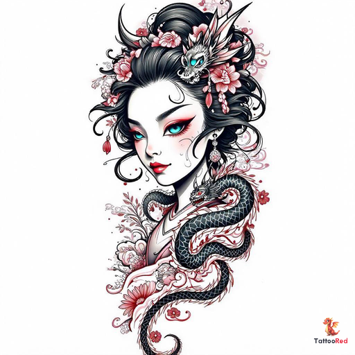 Stunning tattoo of a geisha with blue eyes and black dragons.